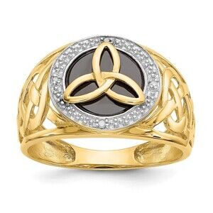 14k Yellow Gold Genuine & White Rhodium Onyx Diamond Trinity Knot Ring